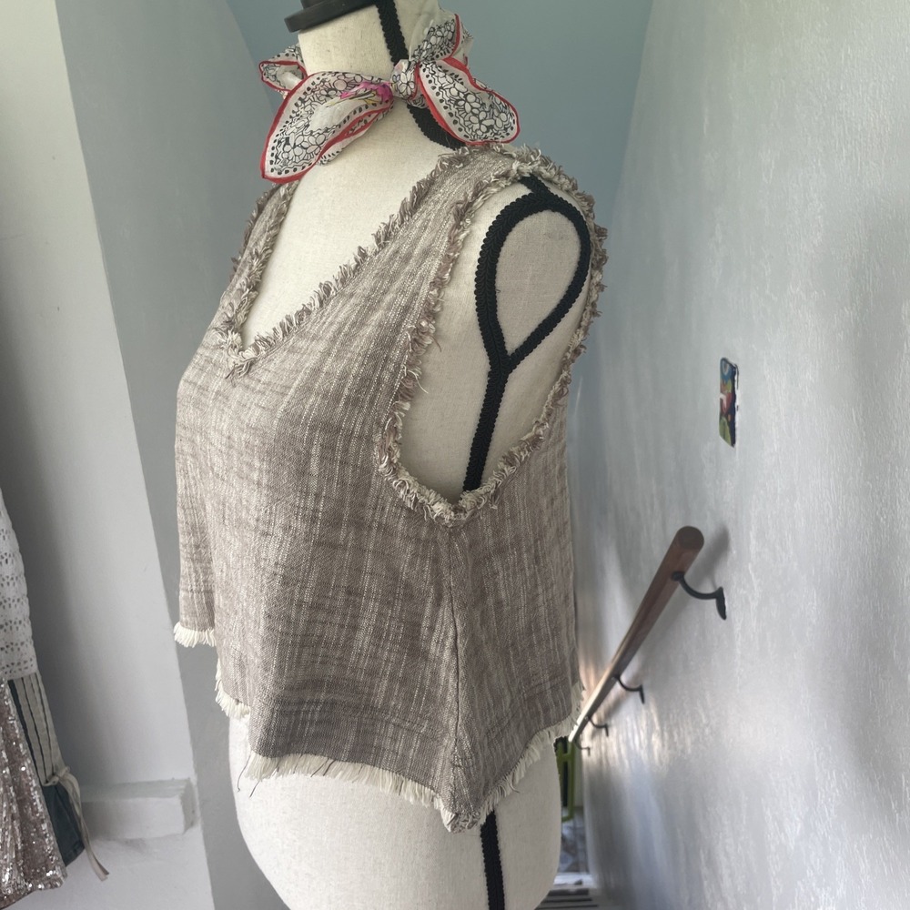 Urban Outfitters Crop Fringe Detail Linen Cotton Women XS Sable Sleeveless Top - Picture 4 of 10